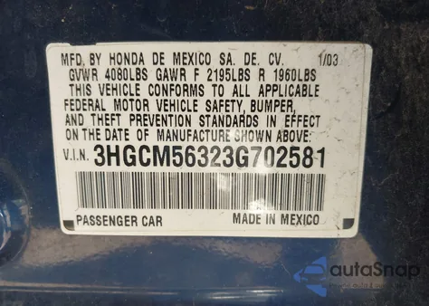 2003 Honda Accord 2.4 Lx z USA, uszkodzony, nr VIN 3HGCM56323G702581